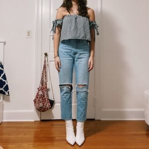 gingham off the shoulder tie sleeve top